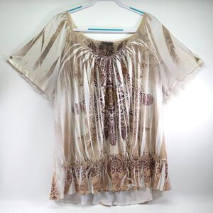 Serenade Womens 3X Plus Size Top Aztec Brown White Short Sleeve Round Neck‎